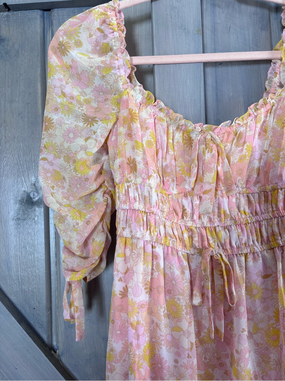 For love and lemons Eden‎ Floral Midi Dress pink yellow ruched bow sleeves XS - Picture 6 of 15